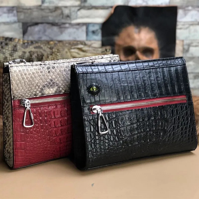 

Customized Handmade Men Business Cow Leather Bags Crocodile Skin Color Matching Bag Burgundy Black Clutch