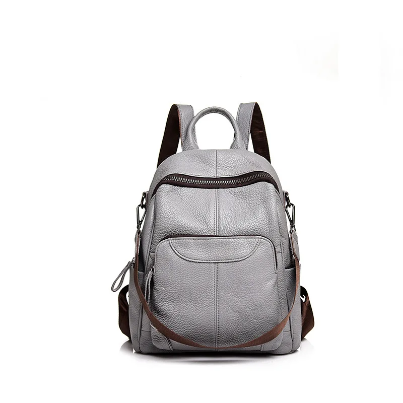 Светло-серый luxury genuine leather backpack women casual cow leather backpacks for travel gray ladies shoulder bag - Цвет: Светло-серый