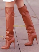 knee high leather women boots sexy pointed toe thin high heel solid brown beige runway fashion women shoes boots