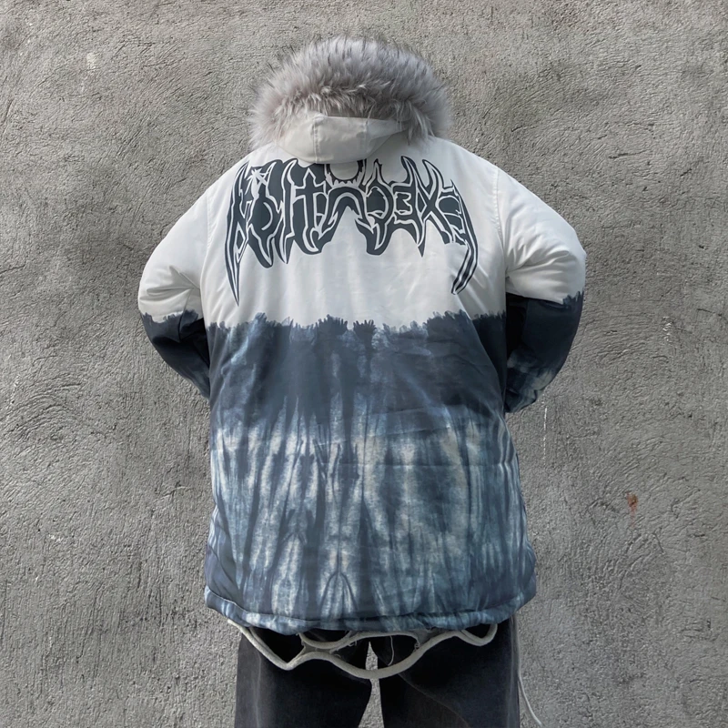 

Unua amo Winter Coat Women Hip-hop Style Tie-dye Hand-painted Print Design Couple Wear Fur Collar Hooded Puffer Jacket Female