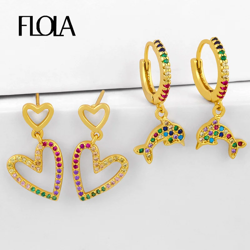 FLOLA CZ циркониевые серьги подвески в форме сердца для женщин милые с дельфином