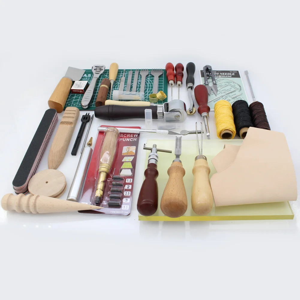 

37 Pcs/Lot Leather Craft Tools for Hand Sewing Working Set, Beveler Groover Awl Thinning for Leather Punching Processing Tool