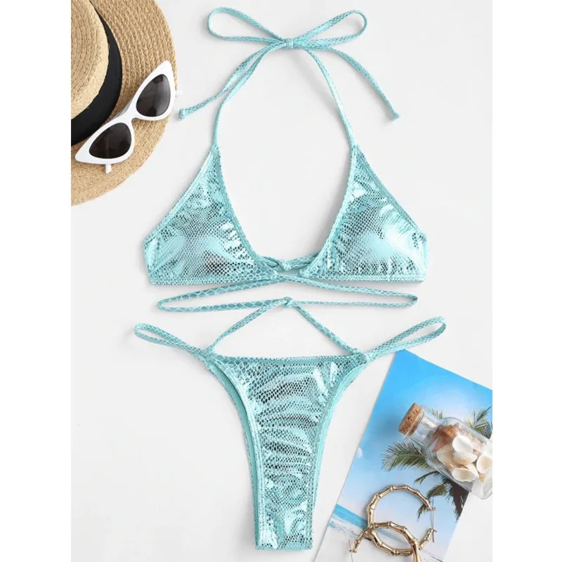 

2021 New Bronzing Sexy Thong Halter Bikini Cross Strap Split Swimwear Swimsuit 1
