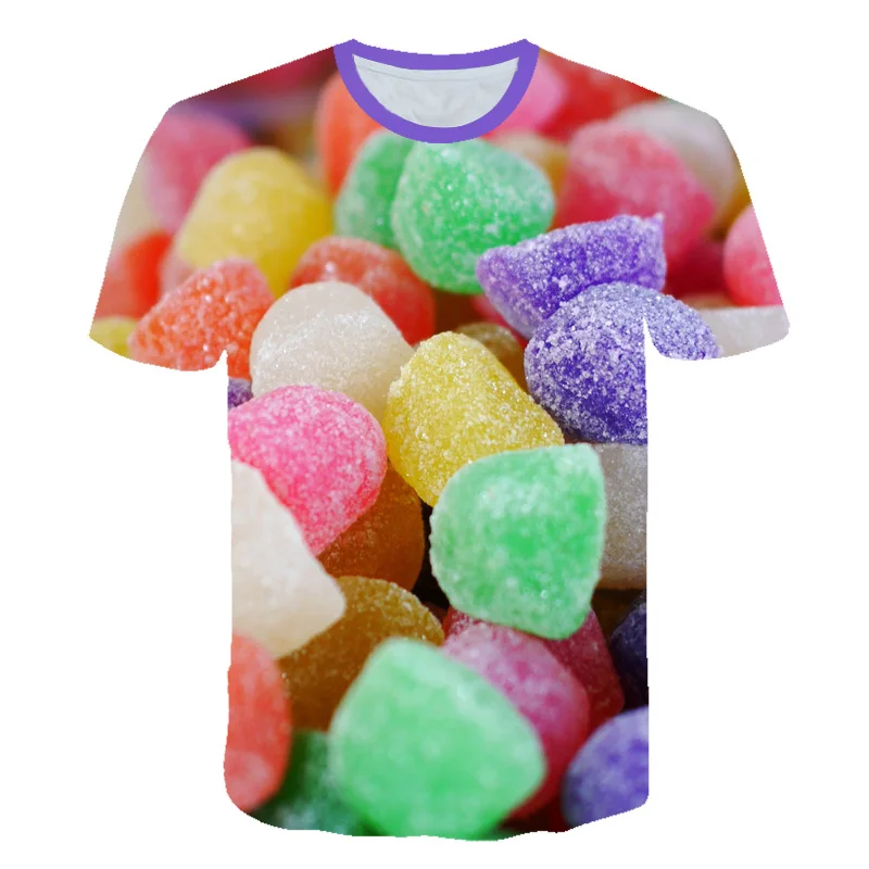 Новая летняя футболка с 3D принтом радуги и конфет рубашка ярких цветов с короткими рукавами для мальчиков и девочек разноцветная детская одежда с круглым вырезом для мальчиков и девочек