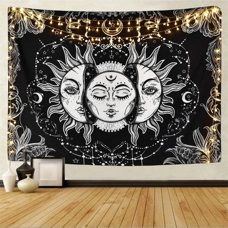 

Mandala tapestry white black sun and moon wall hanging gossip tapestry dormitory bedroom wall decoration blanket 95x73cm