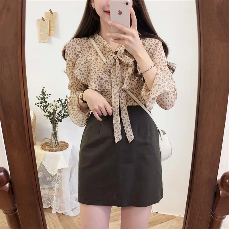 

Casual Gentle Brief Stylish New Print Blouses Sweet Bow Cute Floral All-Match Shirts Chic Ruffles Large Size