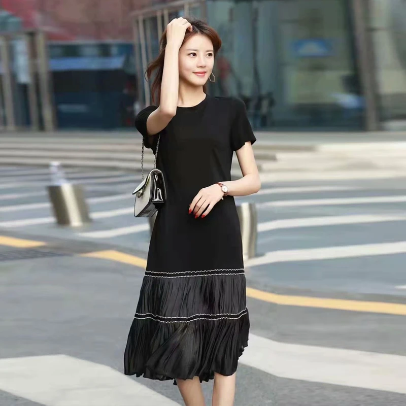 

Designer 2021 Summer New Women'S Street Style Fashion Casual Vintage Elegant Chic Girls Round Neck Patchwork T-Shirt Dress