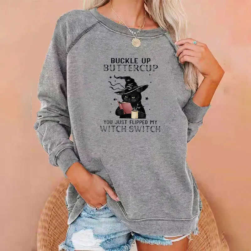 

Autumn Long Sleeve Hoodies Sweatshirt Women Black Cat Letter Print Sweatshirts Casual Pullover Tops Loose Streetwear