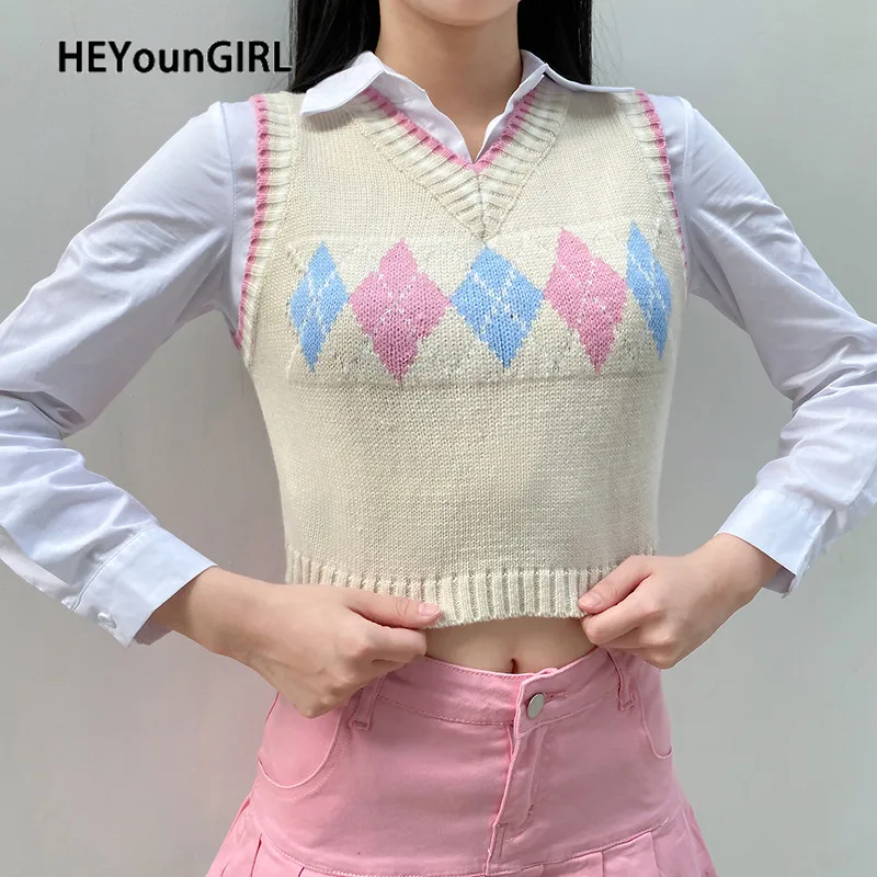 

HEYounGIRL милый свитер без рукавов майка винтажный укороченный топ с узором ромбиками джемпер с V-образным вырезом Женский клетчатый пуловер в ...