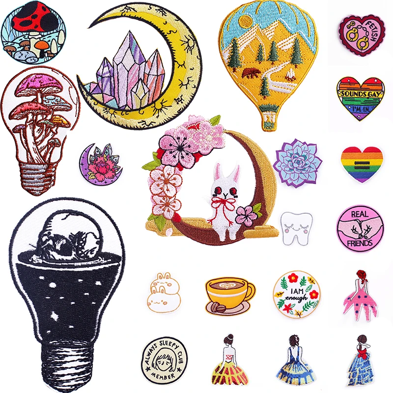 

Flowers Parches Embroidery Patches For Clothes Iron On Heart Portrait Patches For Clothing DIY Stripes Badge Decorative Stickers