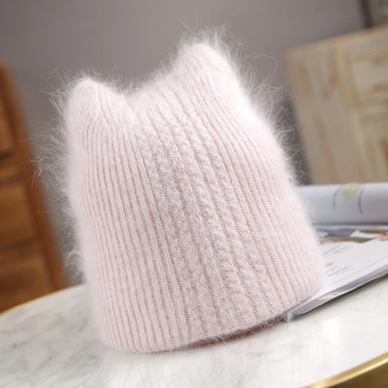 

Rabbit fur Beanie Hat for Women Winter Hats For Woman Solid Warm Knitted Hat Cap Gorros Female Cap