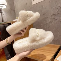 winter home slippers for man indoor short plush women slides bedroom fur shoes pearl non slip flip flops 5cm platform slippers