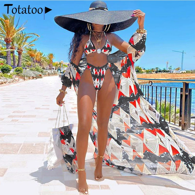 Totatoop Women 3 Piece Bikini Sets 2021 Sexy Floral Print Boho Long Cover Up Swimsuit Swimwear Bra Push Up Beachwear Cardigan