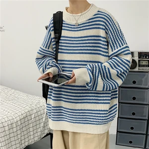 Мужской кашемировый свитер, Зимний вязаный пуловер в полоску с круглым вырезом и длинным рукавом, повседневный утепленный шерстяной свитер, 2020