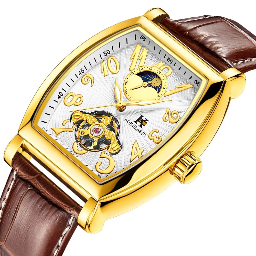 Мужские автоматические механические часы AOKULASIC Moonphase Gold Tonneau с ремешком из