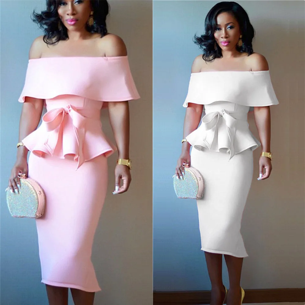 

Off Shoulder Ruffles Top Bodycon Skirt Dress Suit OL Style Set Solid Business Wear Uniform Elegant Office Lady 2 Piece Set
