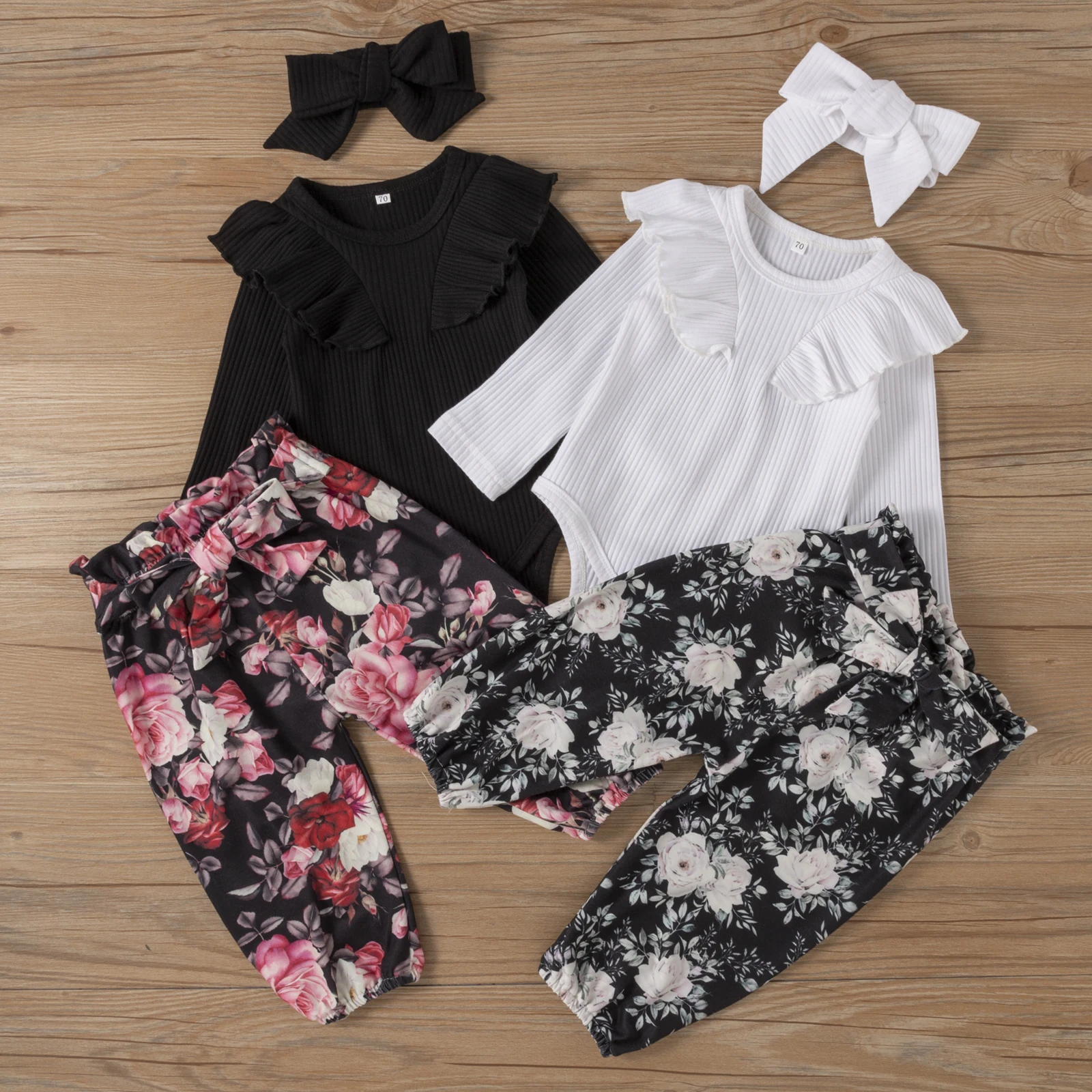 

Pudcoco 0-24M 3Pcs Ruffles Baby Girls Long Sleeve Casual O-Neck Bodysuit Tops+Lace-Up Floral Pants+Headband Clothes Sets