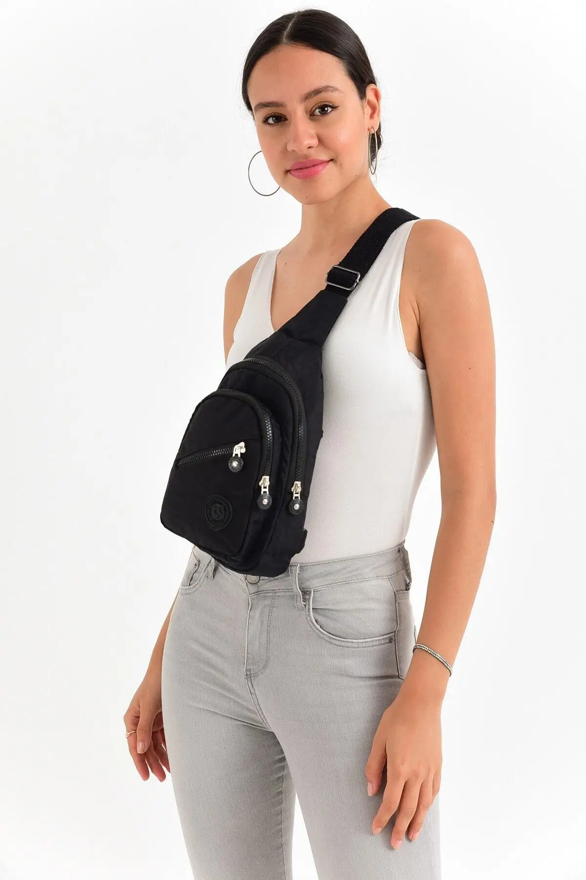 

Unisex Black Three Compartment Kipling Fabric Waist Bag