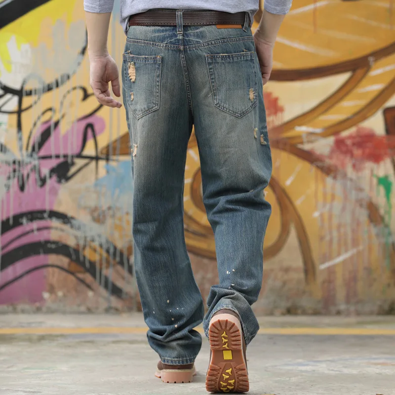 Retro Men Baggy Jeans Leisure Hole Stripe Straight Large Size Wide Leg Denim Pants Hip Hop Skateboard Blue Tattered Trousers