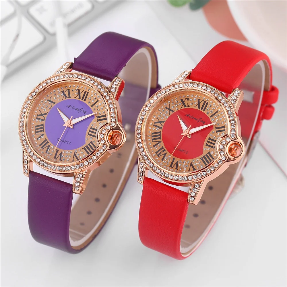 Роскошные Стразы в римском стиле цифрами для женщин часы женский кожаный ремешок