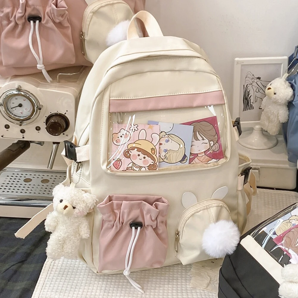 

Женский модный холщовый рюкзак популярного цвета в стиле преппи, вместительный школьный прозрачный рюкзак, сумки с подвеской в виде плюшев...