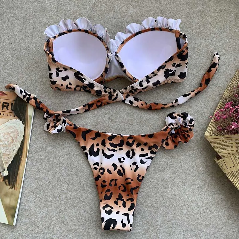 

Bandeau Bikini Women Ruffled Swimsuit 2020 Leopard Brazilian Swimwear Push Up Bathing Suit Female Summer Beach Wear Biquini 5237