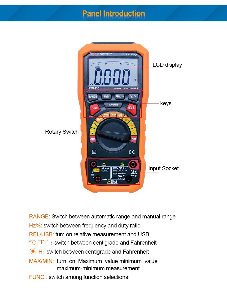 Цифровой мультиметр PEAKMETER PM8236 с автоматическим выключением с тестом температуры и регистратором данных