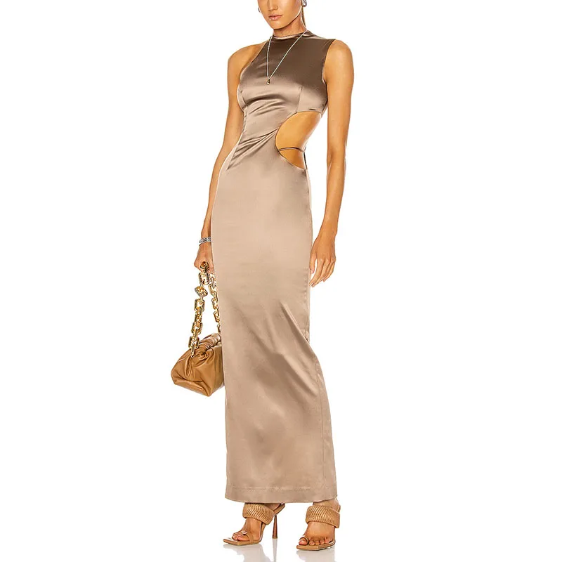 

Bevenccel Beige Summer Sexy Maxi Women's Long Satin Dress Elegant Sleeveless O Neck Waist Hollow Out Split Evening Party Dresses
