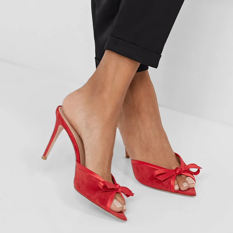 

Sexy Ladies Satin Bowtie Peep Pointed Toe High Hee Slipper Woman Black Red Suede Slingbacks Slip On Party Sandals Mule Shoes