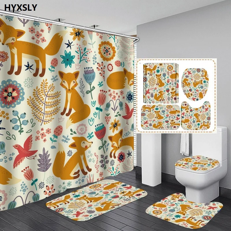 Занавеска для душа с лисьими цветами и растениями Комплект ковриков