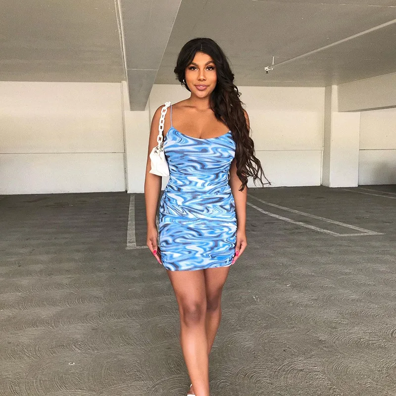 

Summer White Floral Print Sheath Dress Women Club Spaghetti Hip Mini Dresses Sexy Pleated Slim Dress Street Vestidos Feminino