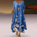 Винтажные платья, женское Повседневное платье с цветочным принтом, с круглым вырезом и длинным рукавом, асимметричные Свободные Длинные платье-сарафан, 2021