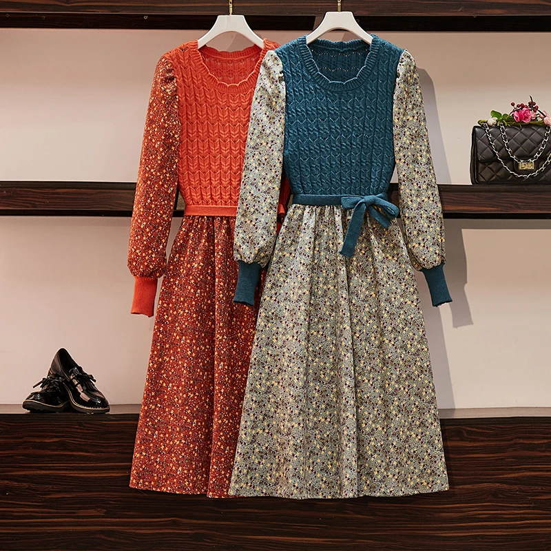 

JSXDHK Elegant Autumn Winter Dresses 2021 Vintage Corduroy Flower Print Patchwork Knitted Lace Up Bow O Neck Midi Dress Vestidos