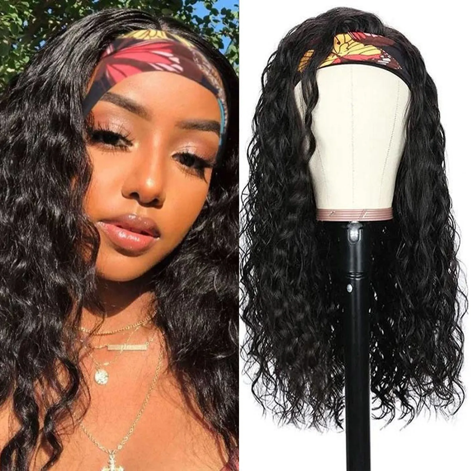 

Headband Wig Women Curly Human Wig Hair Wavy Synthetic Natural Medium Parted Bangs Non Lace Front Wigs 2021 New Fashion Dress Up