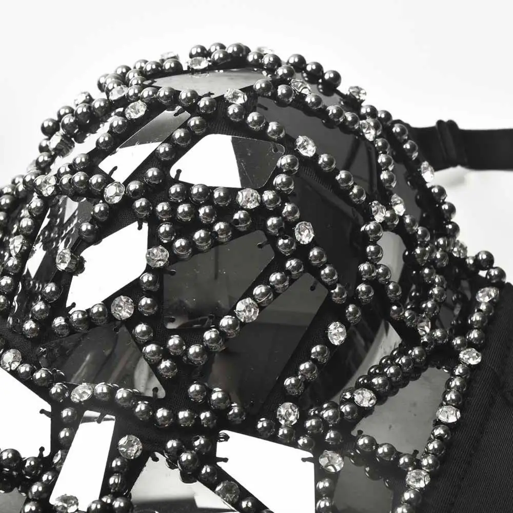 Gray Sexy Rock Punk Bra Diamond & Pearl Decoration Push Up Bralette Lingerie Anti-light Shockproof Bra Clubwear Corset Plus Size