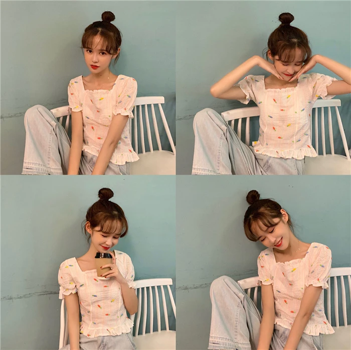 

Ins Summer Chic Style Slim Crop Top Shirts Womens Tops and Blouses Fashion Brand Ladies Korean Clothes New Blusas Mujer De Moda