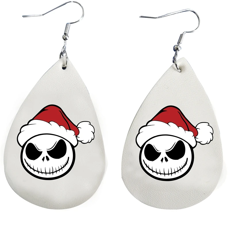 

Jack Skellington With Hat Two Layers Faux Leather Tear Drop Earrings Black Glitter Day of the Dead Earrings Made To Order