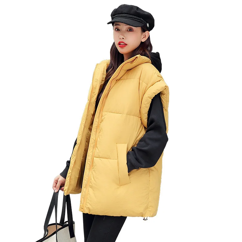 

2021Winter Woman's Long Sleeveless Coat Casual Solid Female Vest Stand Collar Cotton Padded Thick Jackets with Zipper for Lady