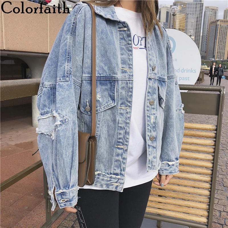 Colorfaith/Новинка года; сезон осень-зима; женские джинсовые куртки; Верхняя одежда с отложным воротником; модные джинсы с дырками; JK7703