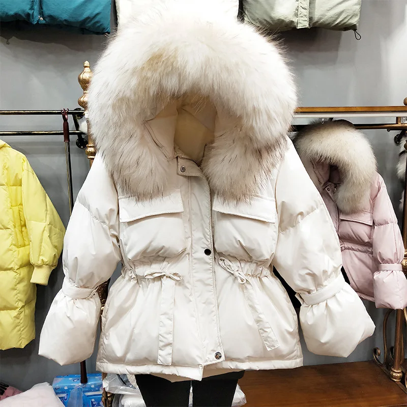 

90% White Duck Down Coats Thick Warm Parkas Large Natural Raccoon Fur Winter 2021Korean Jacket Women Sash Tie Up Short Snow Coat