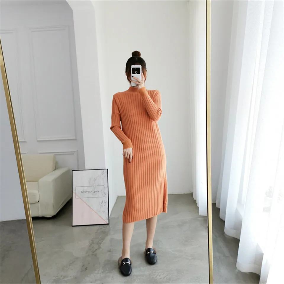 Раздельное однотонное платье с круглым вырезом и длинным рукавом Vestido, милое зимнее трикотажное платье, Осеннее женское элегантное платье, новинка года, модное тонкое мягкое женское платье