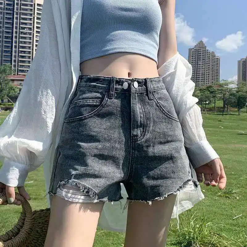 

Double button denim shorts for women's new summer wear Korean high waist, thin and loose, versatile A-line wide leg hot pants