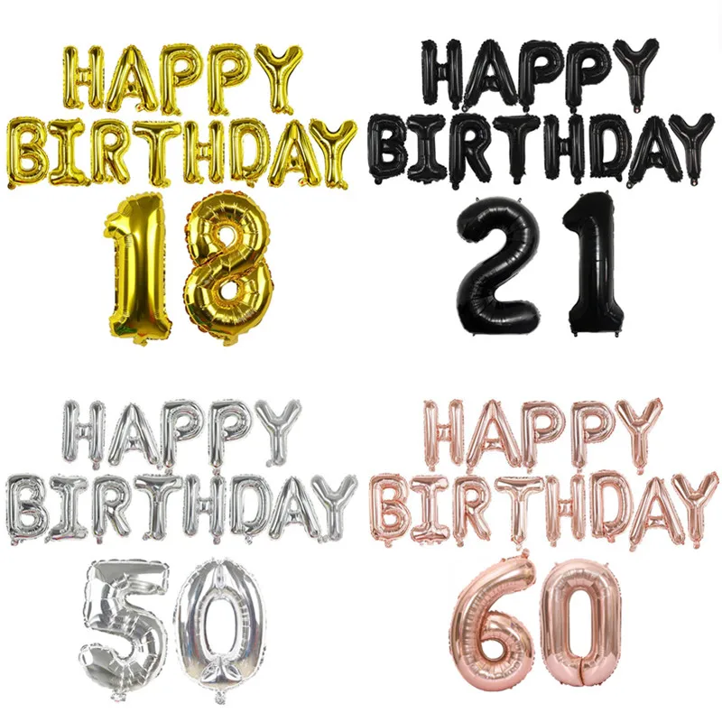 

18/21/30/40/50/60th Happy Birthday Foil Balloon Set 16inch Alphabe Letter 32Inch Number Balloons for Adults Birthday Decoration