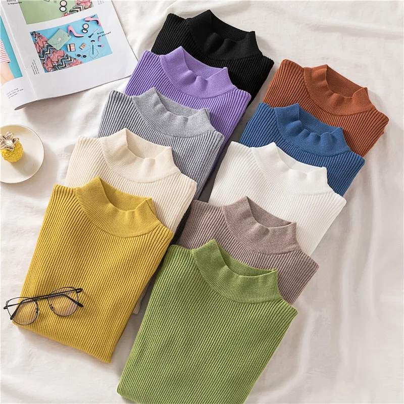 

Spring and Autumn Woman Sweaters Fashion Mock Turtleneck Solid Color Casual Womens Sweaters Computer Knitted Slim Lady Sweaters