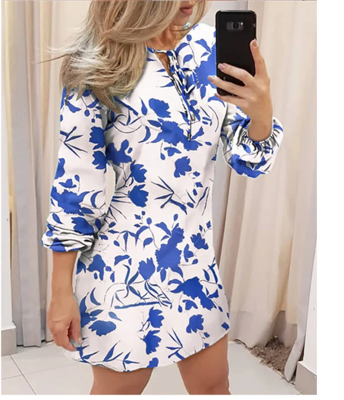 

2021 new butterfly print long-sleeved tie dress