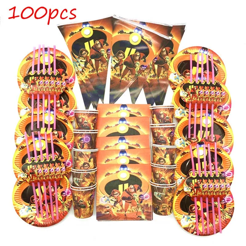 BeiPanXiQiZhi 100pcs 100 шт./компл. Суперсемейка чашки+ пластины+ соломинка+ салфетки+ флажки для дня рождения украшения наборы; детский душ одноразовой посуды - Цвет: BeiPanXiQiZhi 100pcs