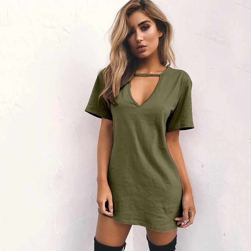 

2021 All-Match Sexy Women Deep V Neck Short Sleeve Brown Green Gray White Mini Dress Party Loose V-Neck Halter Hollow Dresses