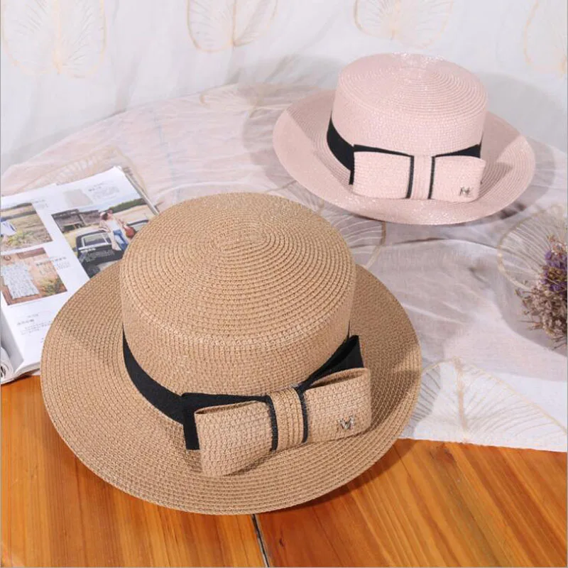 

2021 New Flat Top Big Bow Summer Sun Visor Hats For Women Fashion M letter Straw Hat Elegant Ladies Wide Brim Panama Beach Hat