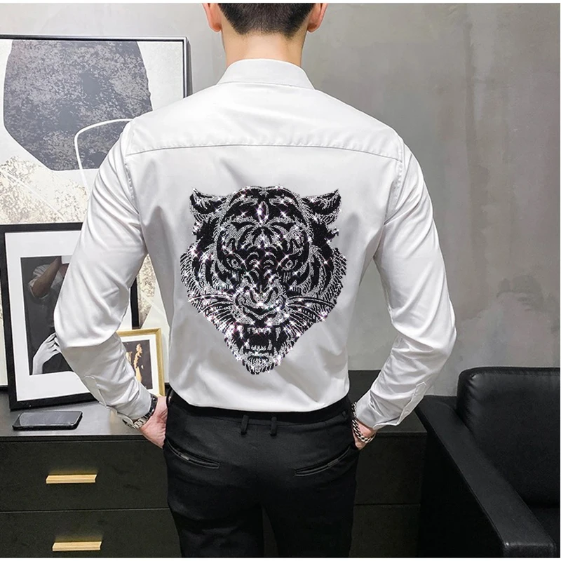 Long Sleeve T-Shirt Suitable for Men's Office Business White Hot Diamond Button Blouse Lapel Design Spring Male High Quality Top