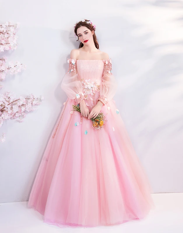 Розовое Цветочное платье для выпускного вечера длинные рукава ТРАПЕЦИЕВИДНОЕ